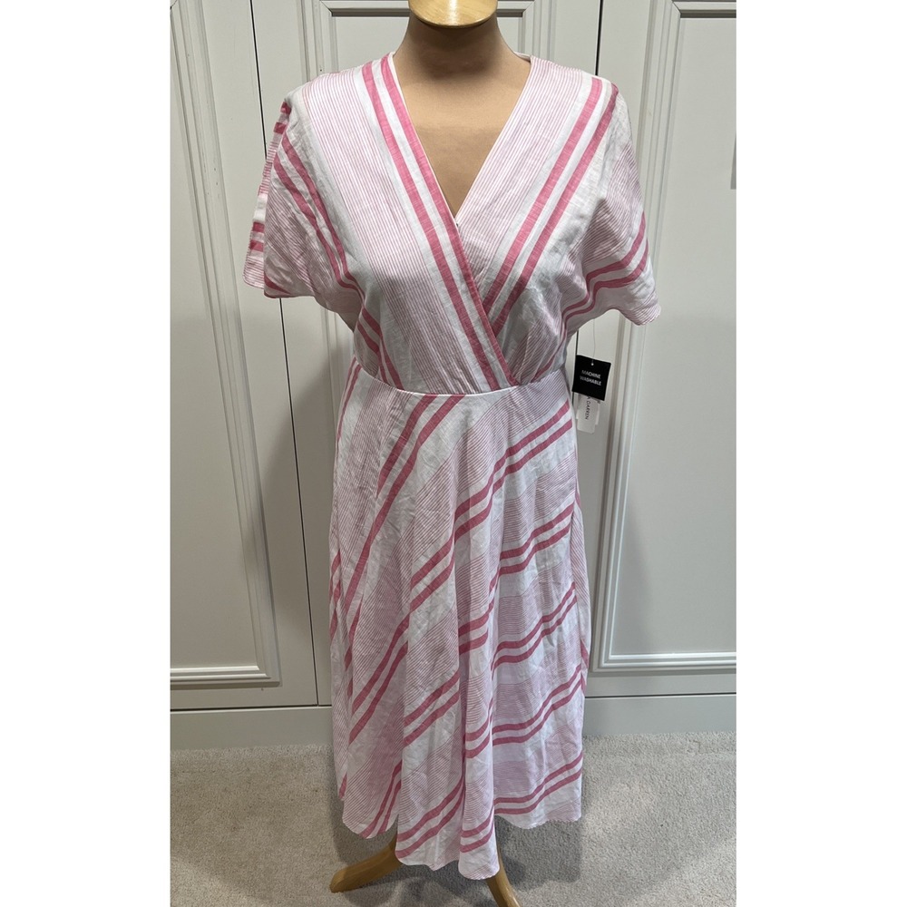 Sandra Darren‎ Women's Striped Tea Length Dress Size 6 MIDI Pink & White Dainty